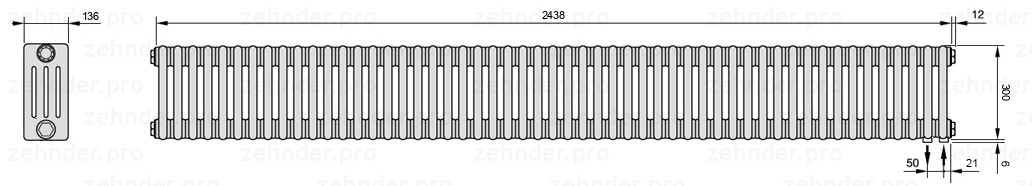 Схема (чертеж) Радиатор Zehnder Charleston 4030/53 №5510 Белый глянцевый RAL 9016